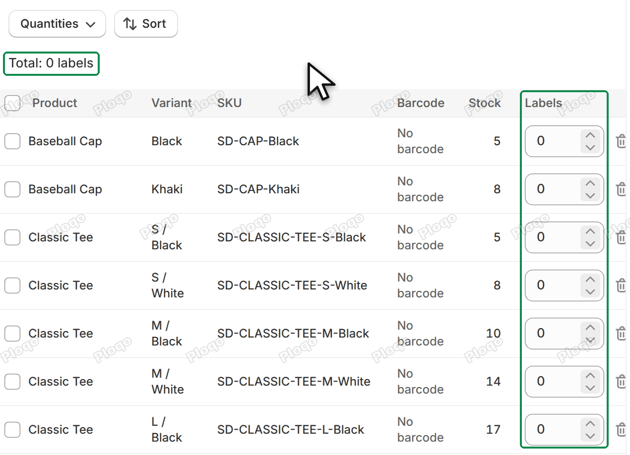 Print page rows with every Labels field at 0 and the line Total: 0 labels above the table