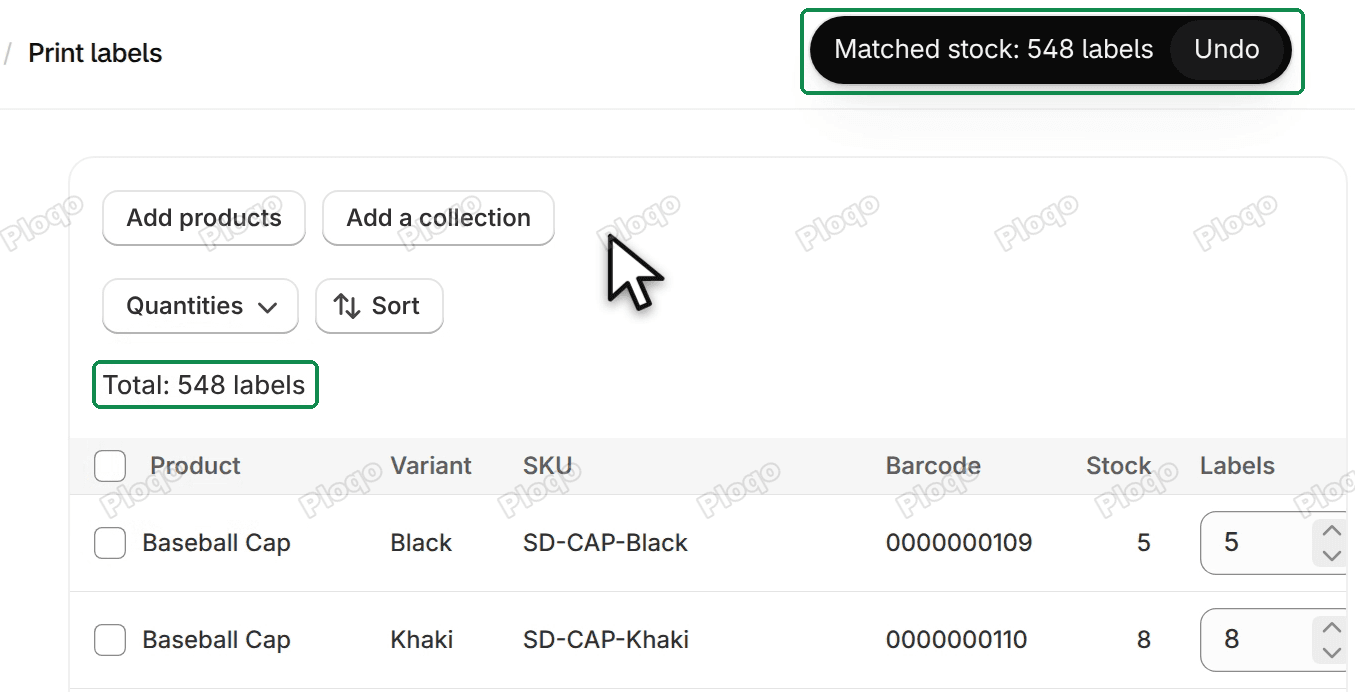 The message Matched stock: 548 labels with its Undo button, above the rows set to their stock