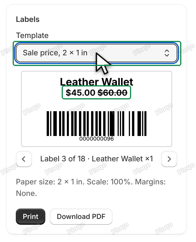 The Sale price, 2 x 1 in template: a Leather Wallet label with 45.00 and the old price 60.00 crossed out