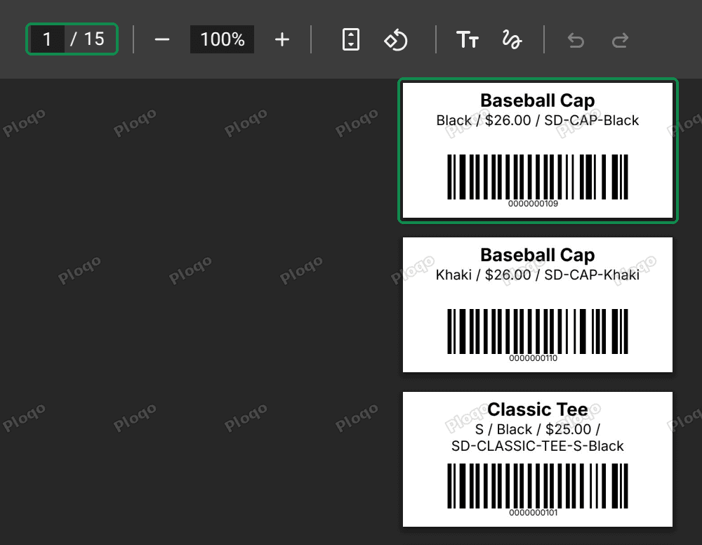 The downloaded roll PDF in the browser: one 2 x 1 in page per label, each with a product name, price and barcode