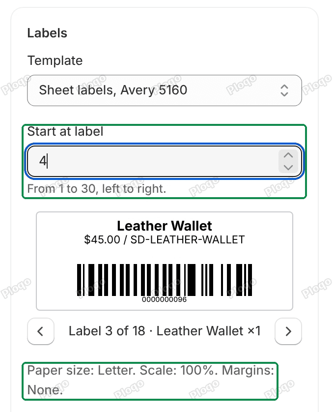 The Labels card on Sheet labels, Avery 5160, with Start at label 4 and From 1 to 30, left to right, and the paper size Letter