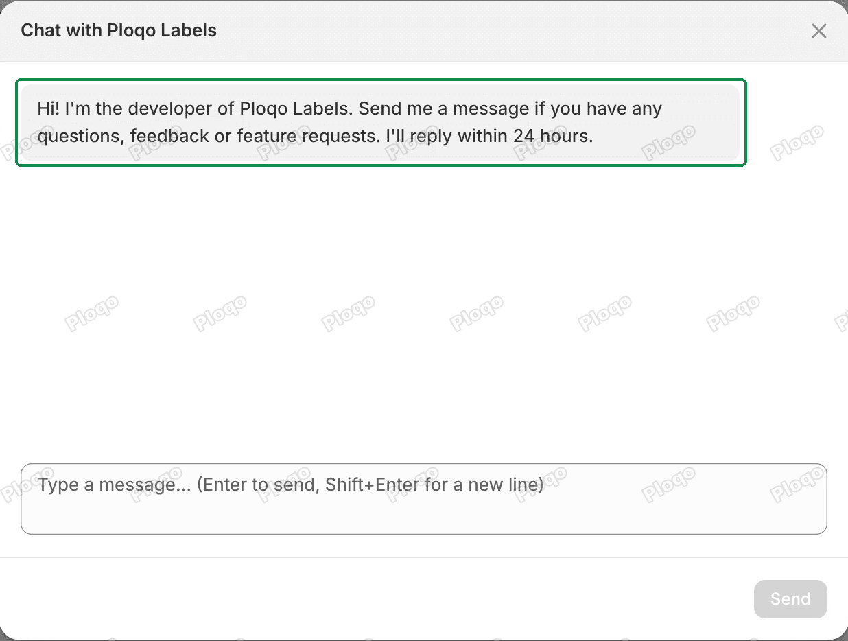 The Chat with Ploqo Labels window with the developer's welcome message, the message box and the Send button