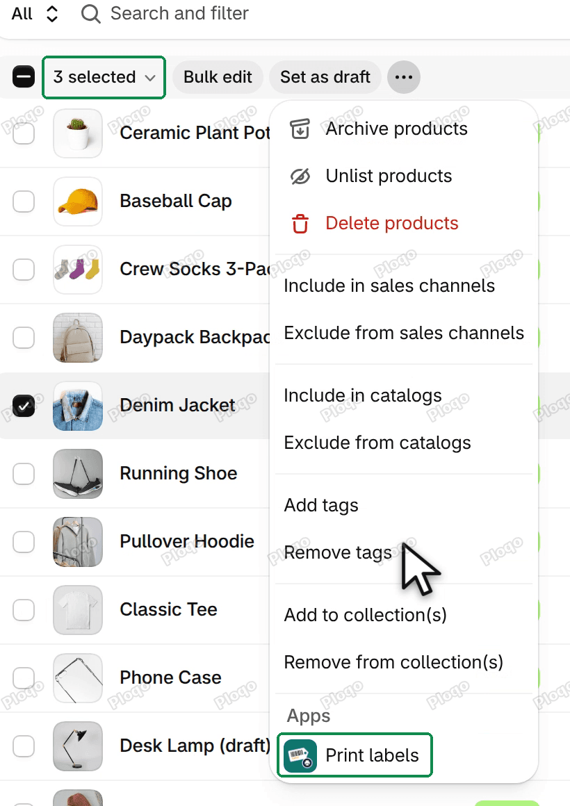 The Products list with three products ticked and the Actions menu open, with Print labels under Apps at the bottom