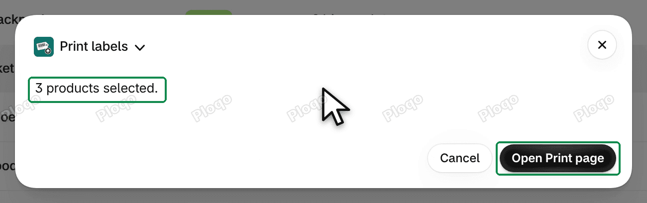 The Print labels box over the Products list: 3 products selected, with the Cancel and Open Print page buttons