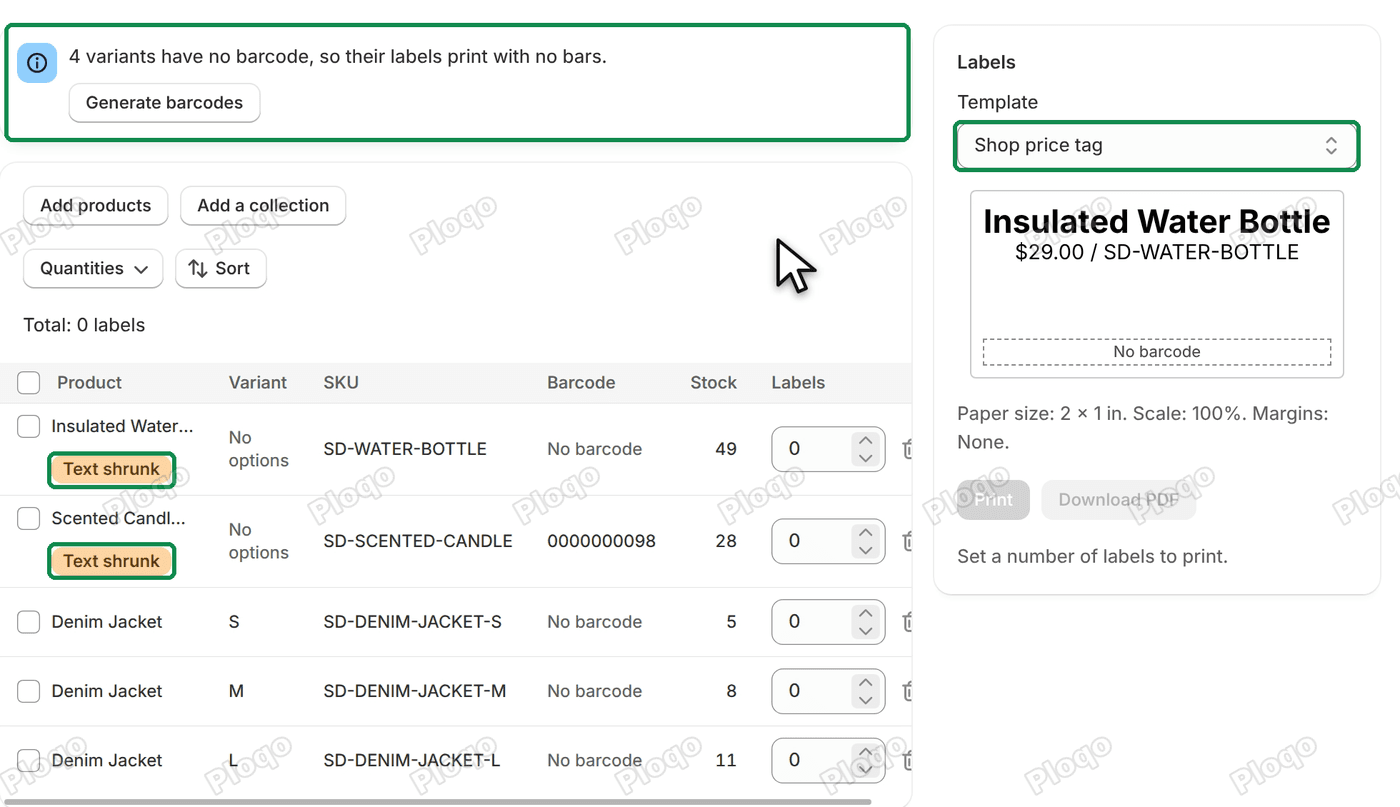 The Print page opened from the Products list: the banner 4 variants have no barcode, rows with Text shrunk flags, the template Shop price tag and the label preview