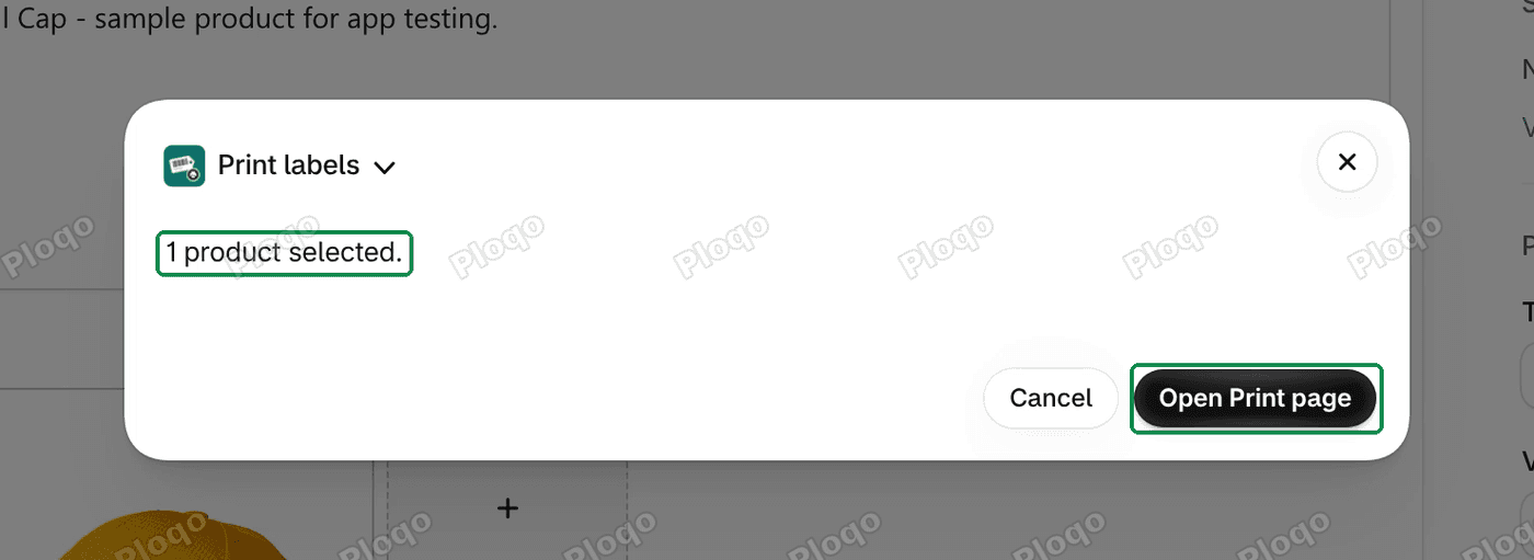 The Print labels box over a product page: 1 product selected, with the Open Print page button