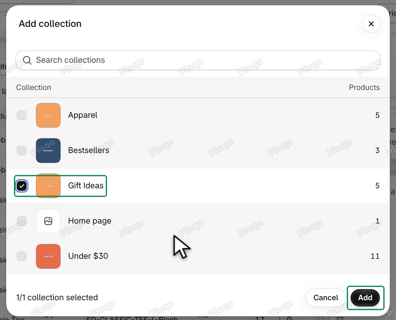 Shopify's collection picker over the Print page, with the Gift Ideas collection ticked and the Add button
