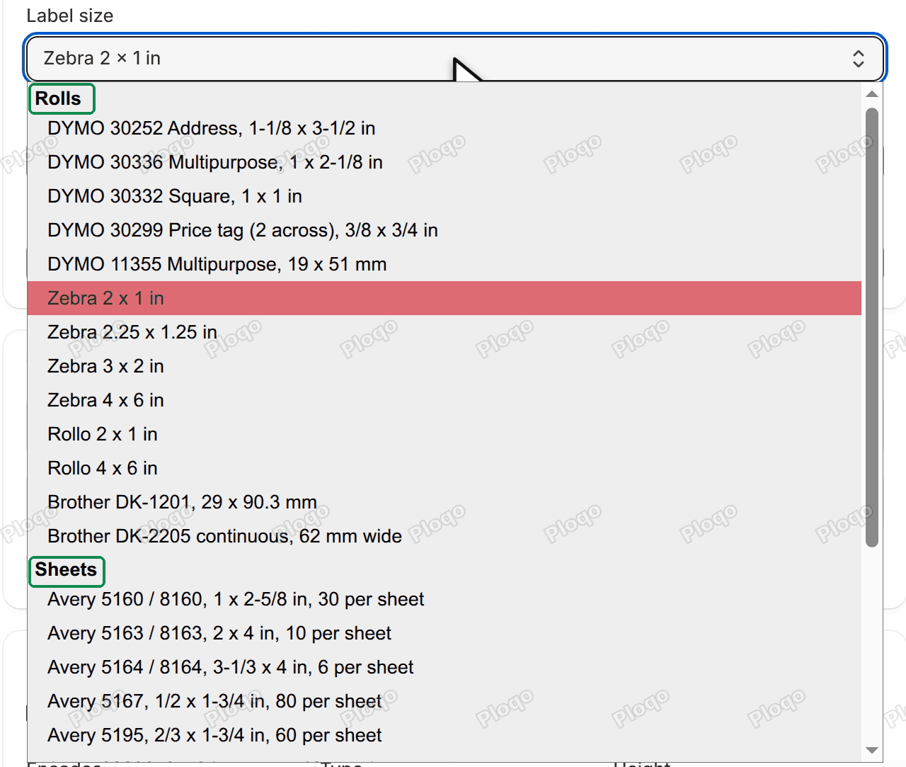 The Label size list open on the Rolls group, with DYMO, Zebra, Rollo and Brother sizes, then the Sheets group with Avery sizes