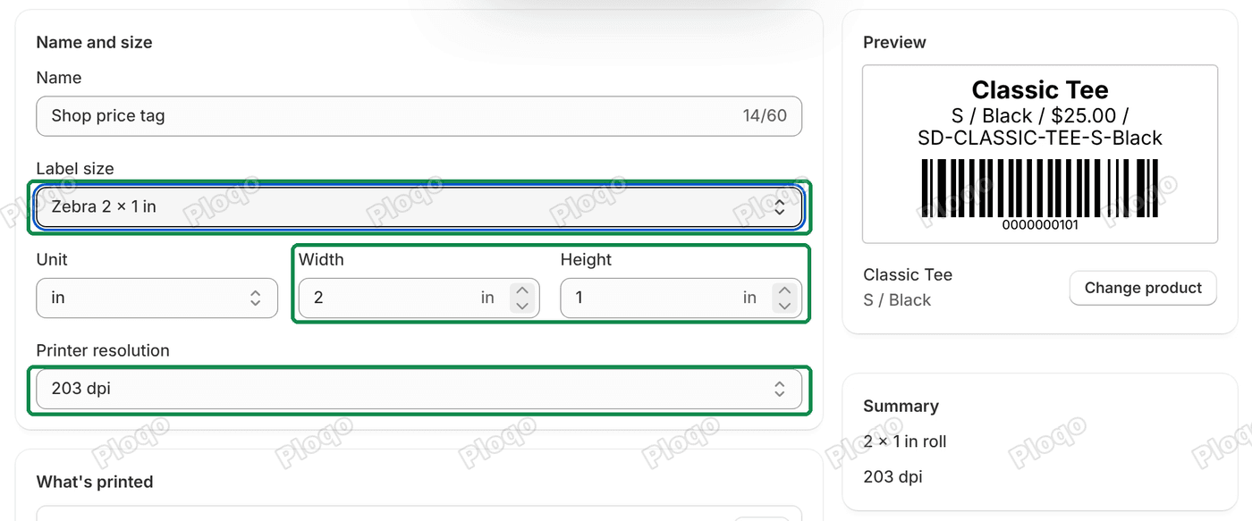 The Name and size card with the name Shop price tag, Label size Zebra 2 x 1 in, Unit, Width, Height, Printer resolution 203 dpi, and the preview beside it
