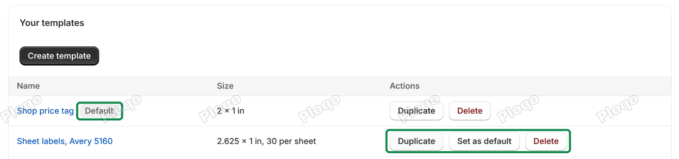Your templates: Shop price tag marked Default with Duplicate and Delete, and Sheet labels, Avery 5160 with Duplicate, Set as default and Delete