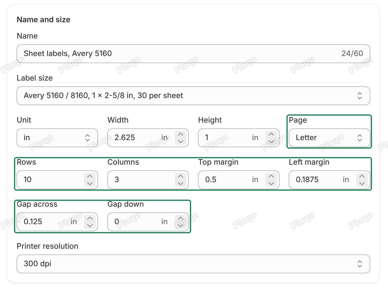 The size fields of the Avery 5160 sheet: Unit, Width, Height, Page, Rows, Columns, the margins and the spacing