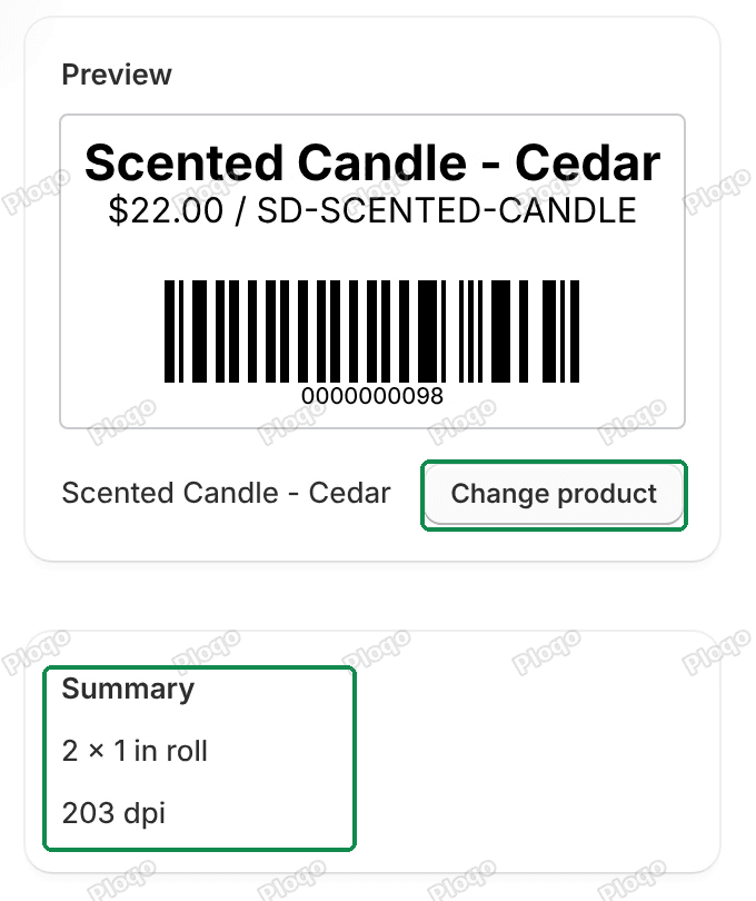 The Preview of a Scented Candle - Cedar label with bars, the Change product button, and the Summary 2 x 1 in roll, 203 dpi