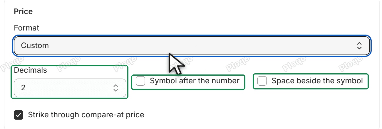 The Price card on Custom: Decimals 2, Symbol after the number, Space beside the symbol and Strike through compare-at price