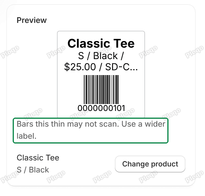 The preview of a small square label with the line Bars this thin may not scan. Use a wider label.