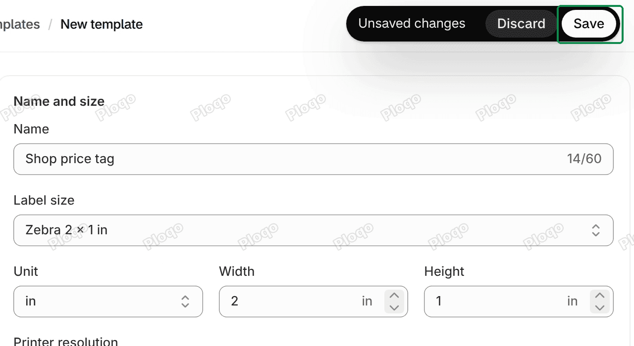 The bar at the top of the editor with Unsaved changes, Discard and Save, above the Name and size card