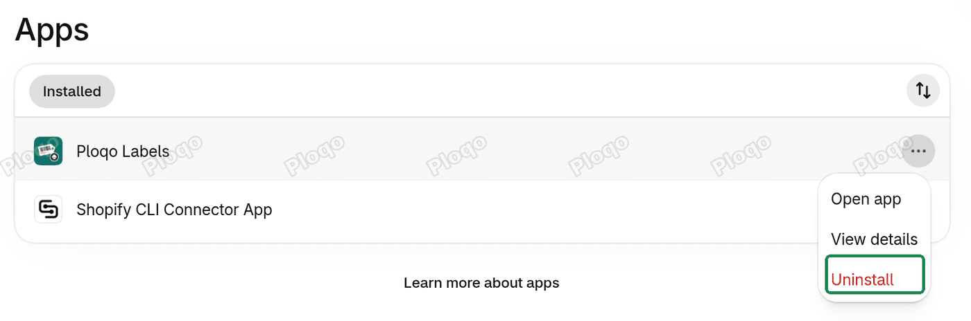 Settings > Apps in the Shopify admin, with the three-dot menu next to Ploqo Labels open on Uninstall