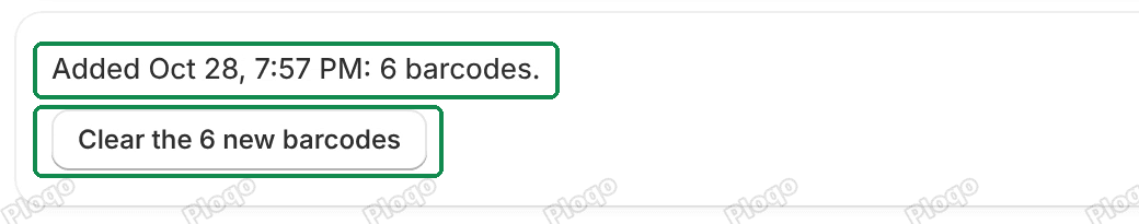 The Barcodes page line Added Oct 28, 7:57 PM: 6 barcodes. with the Clear the 6 new barcodes button