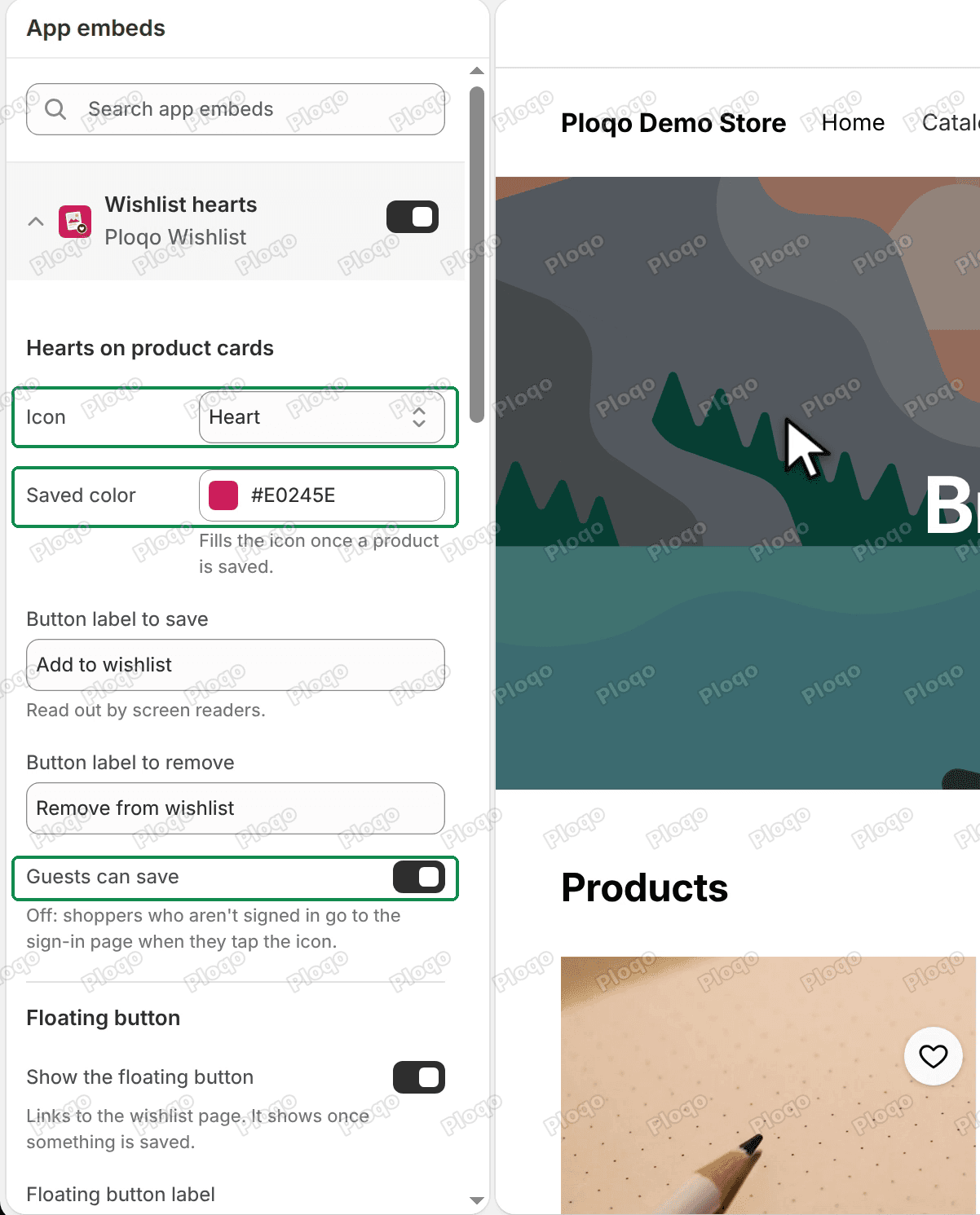 The Wishlist hearts embed settings with Icon, Saved color and Guests can save highlighted