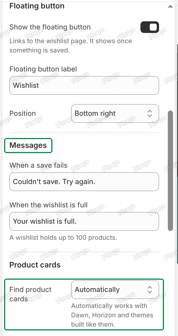 The Floating button, Messages and Product cards settings, with Messages and Find product cards highlighted