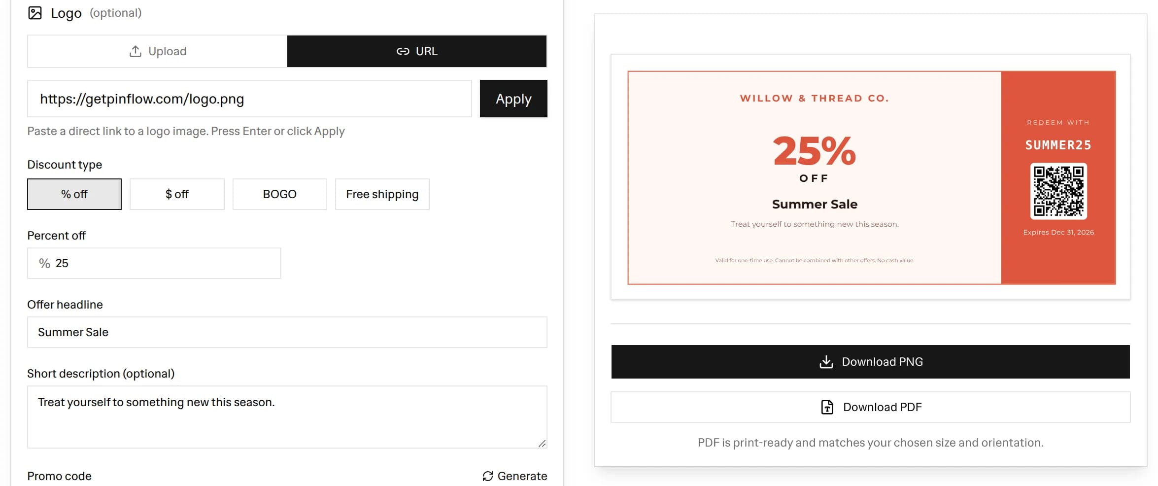 Free coupon maker editor with a 25% off Summer Sale coupon preview, showing the business name, promo code SUMMER25, a scannable QR code, expiry date, and PNG and PDF download buttons