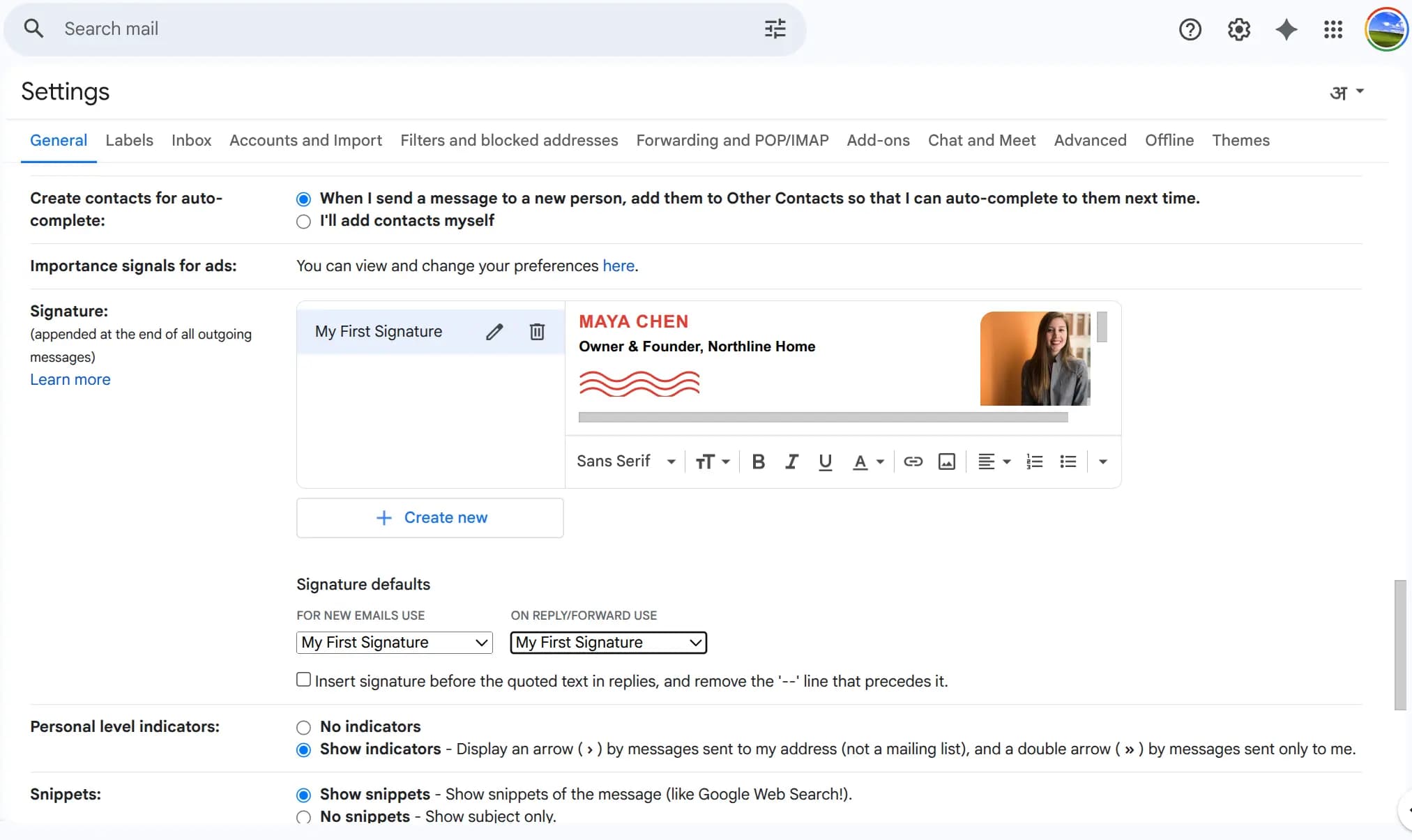 Gmail General tab with Signature section