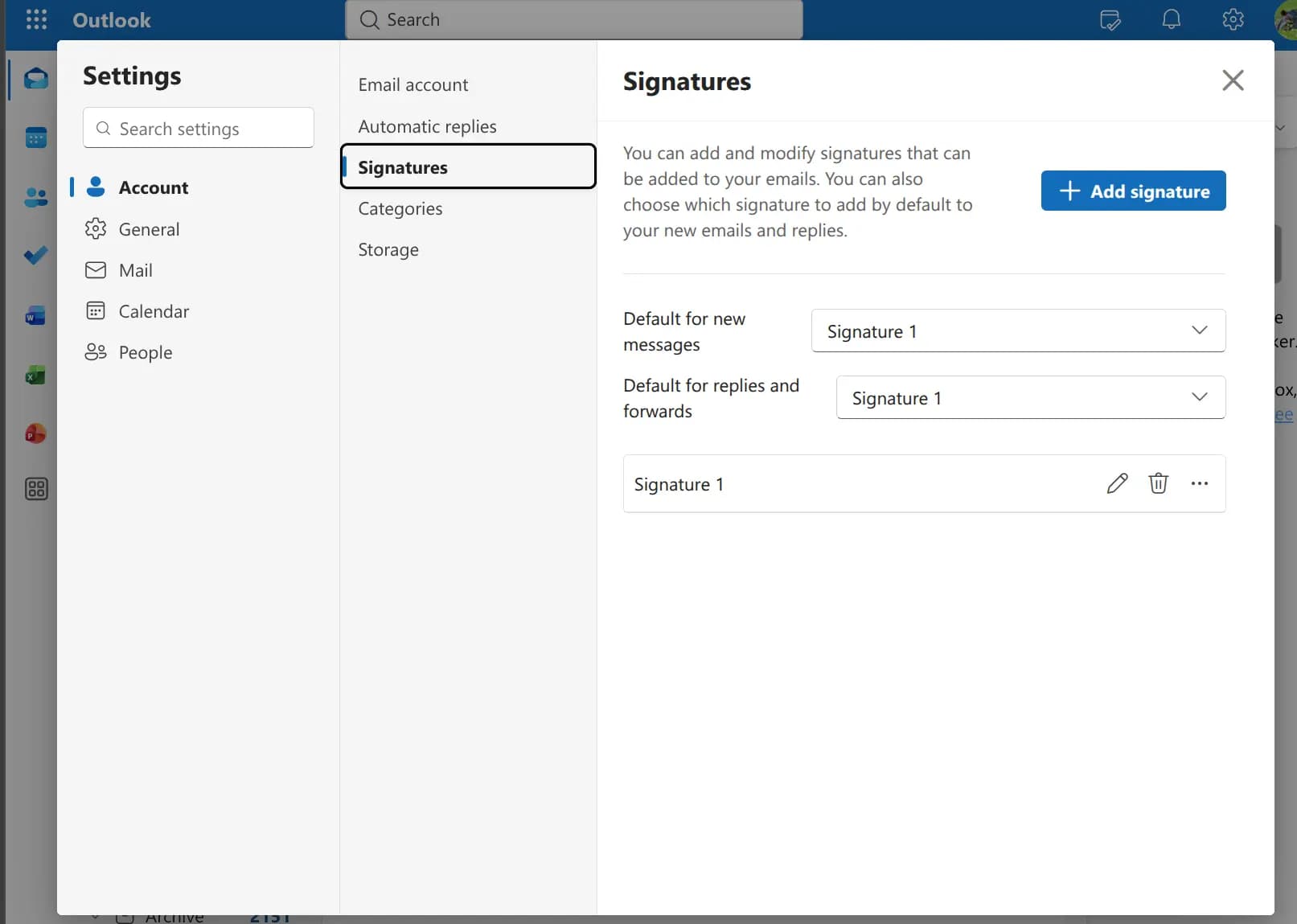 Outlook web settings with Account and Signatures selected