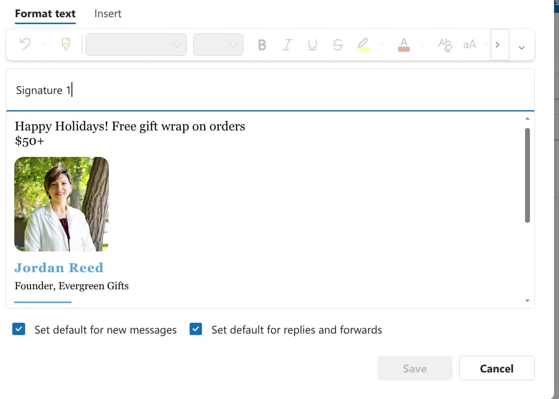 Outlook signature editor with pasted signature and default options