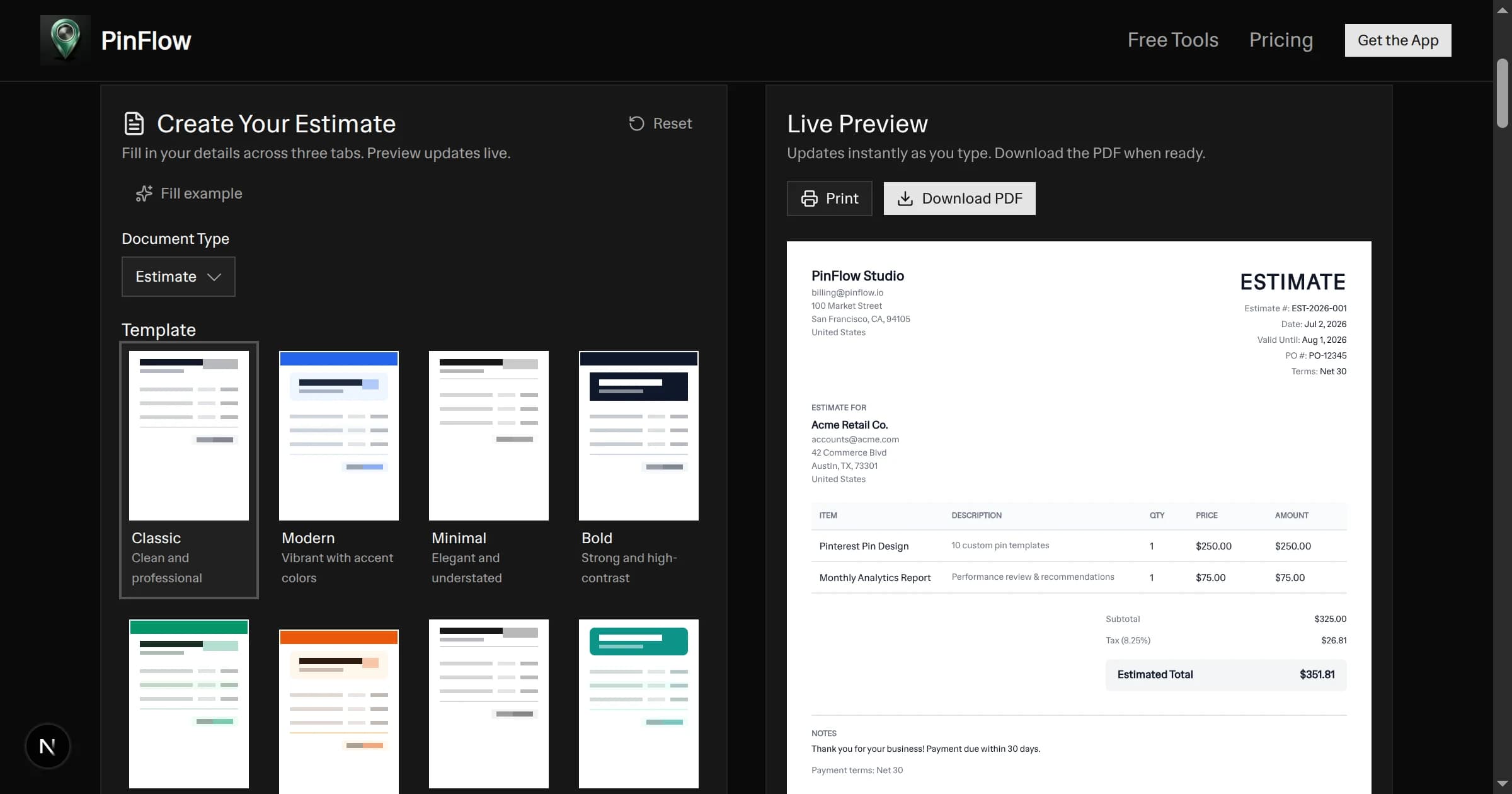 Free estimate generator preview showing an ESTIMATE document with the business name, estimate number, Valid Until date, line items with prices, and a clearly labelled Estimated Total, next to the editor template options