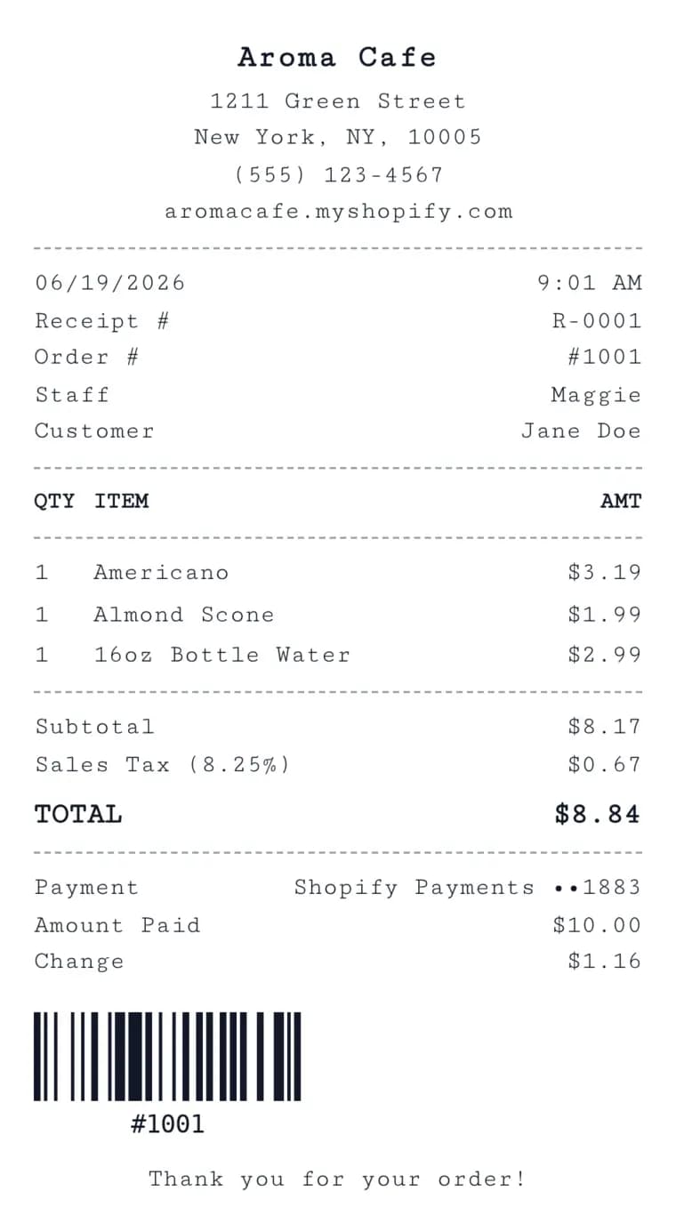 Example thermal receipt made with the free gas receipt generator