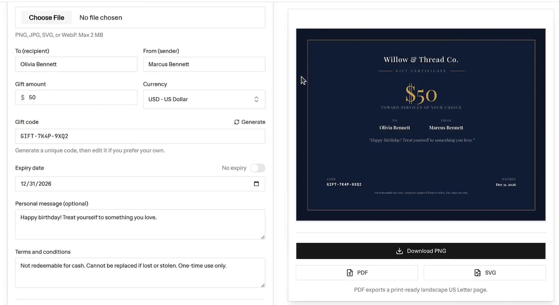 Free gift certificate maker editor with a navy and gold $50 gift certificate preview, showing the recipient, sender, unique code, expiry date, and PNG, PDF, and SVG download buttons