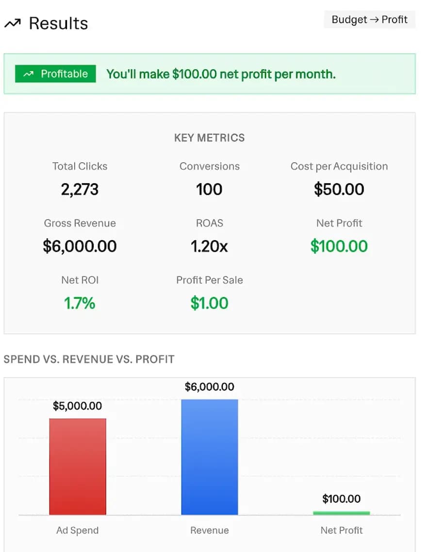 Instagram ads calculator results dashboard showing key metrics, a spend vs revenue vs profit chart, ROAS, and net profit