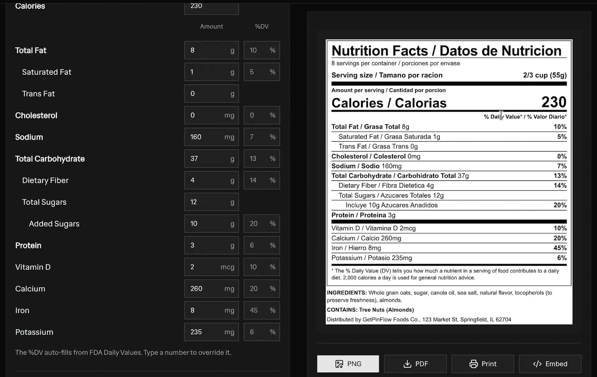 Free nutrition label maker with the editor on the left and a live bilingual FDA Nutrition Facts panel on the right, showing calories, Total Fat, Sodium, Total Carbohydrate, Added Sugars, Protein, Vitamin D, Calcium, Iron, and Potassium with auto-filled %DV, plus PNG, PDF, Print, and Embed export buttons