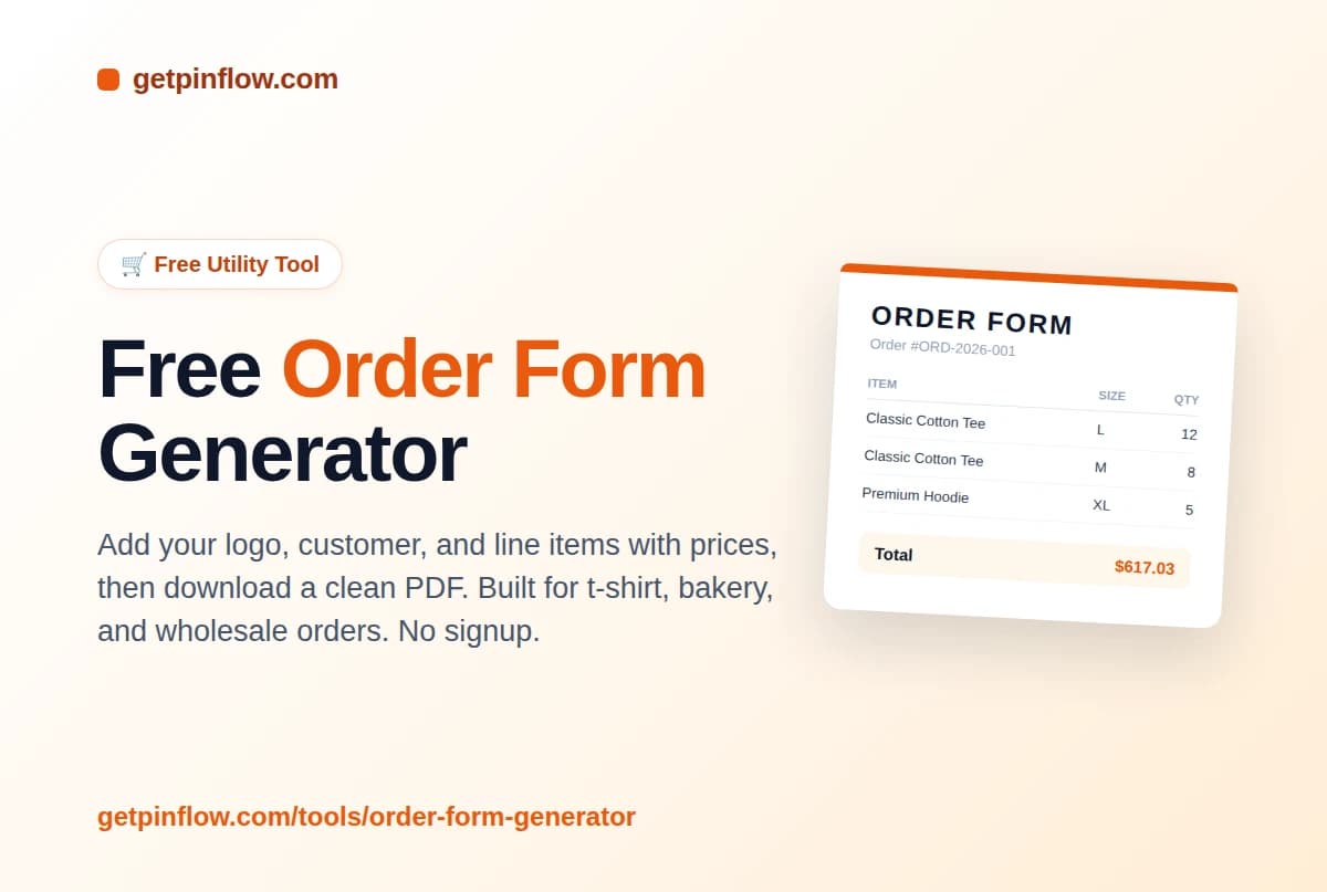 Free order form generator preview showing an ORDER FORM document with the business name, order number, line items with size and quantity columns, and an order total