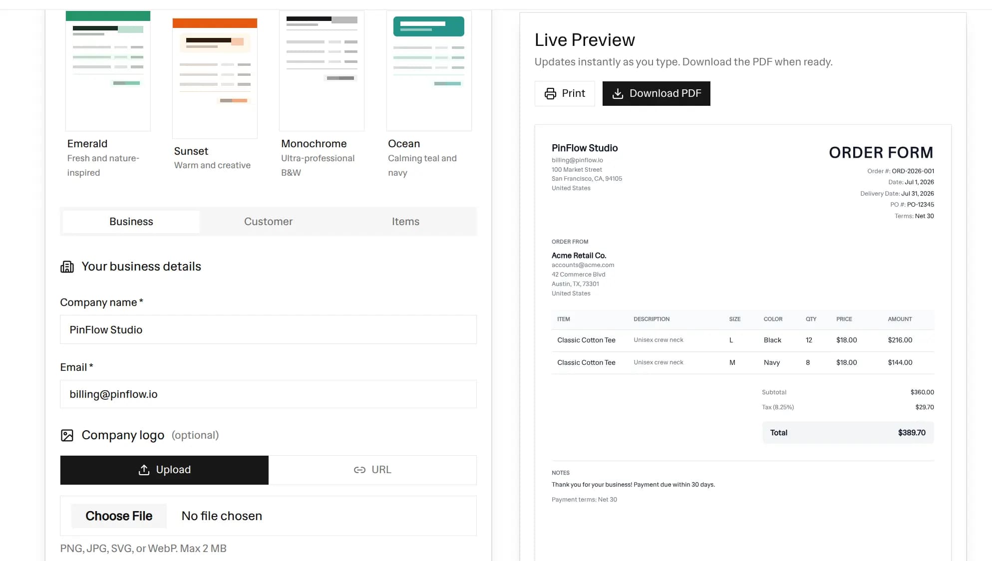 Order form generator live preview showing an apparel order with size and color columns for Classic Cotton Tee line items, subtotal, tax, and total, next to the editor with the Emerald, Sunset, Monochrome, and Ocean template options