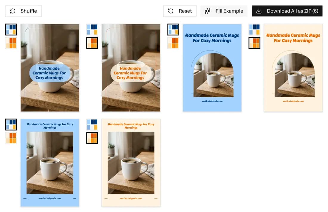 The preview panel with the Download All as ZIP (6) button above six pins: three templates in two palettes
