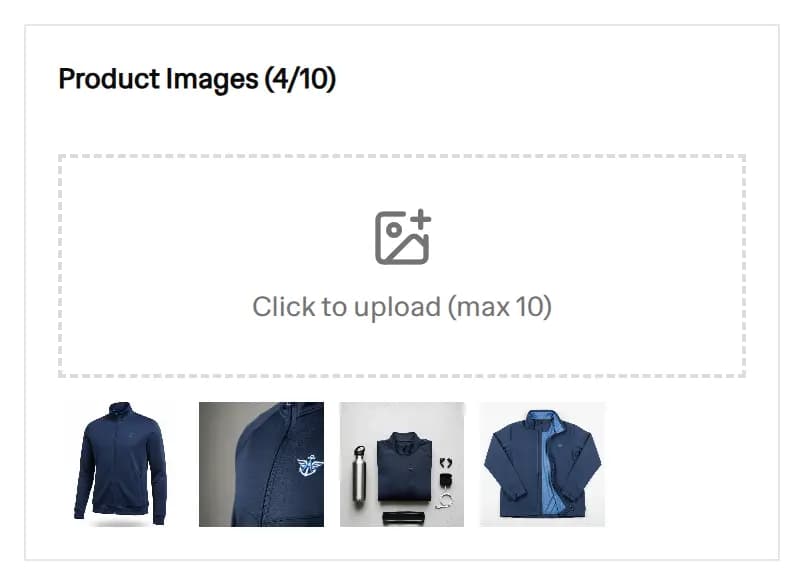 The Product Images upload box with four product photos added and the 4/10 counter