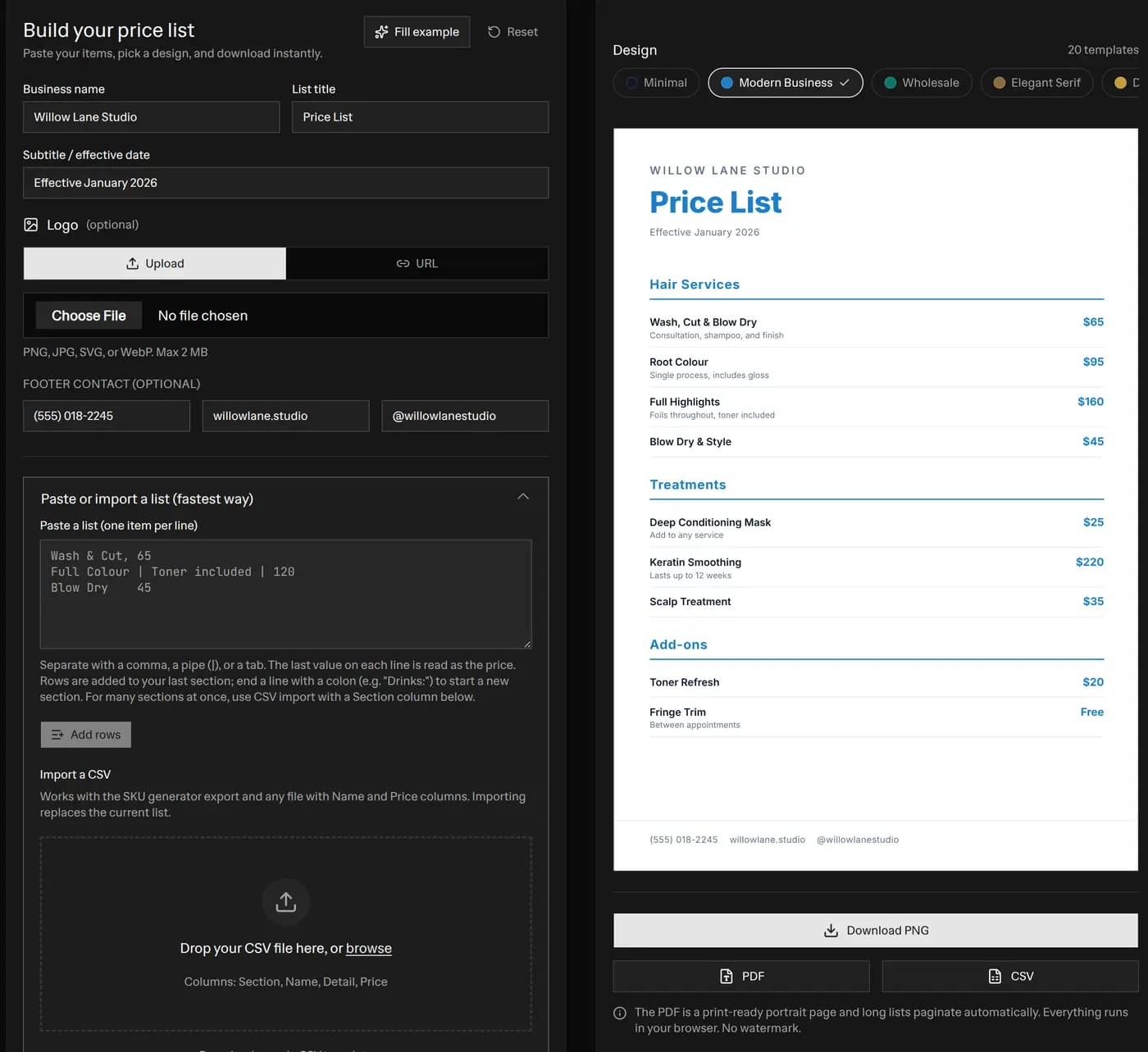 Free price list generator with the editor on the left and a live preview of a styled Willow Lane Studio price list on the right, showing a strip of 20 template designs and buttons to download the price list as a PNG, PDF, or CSV