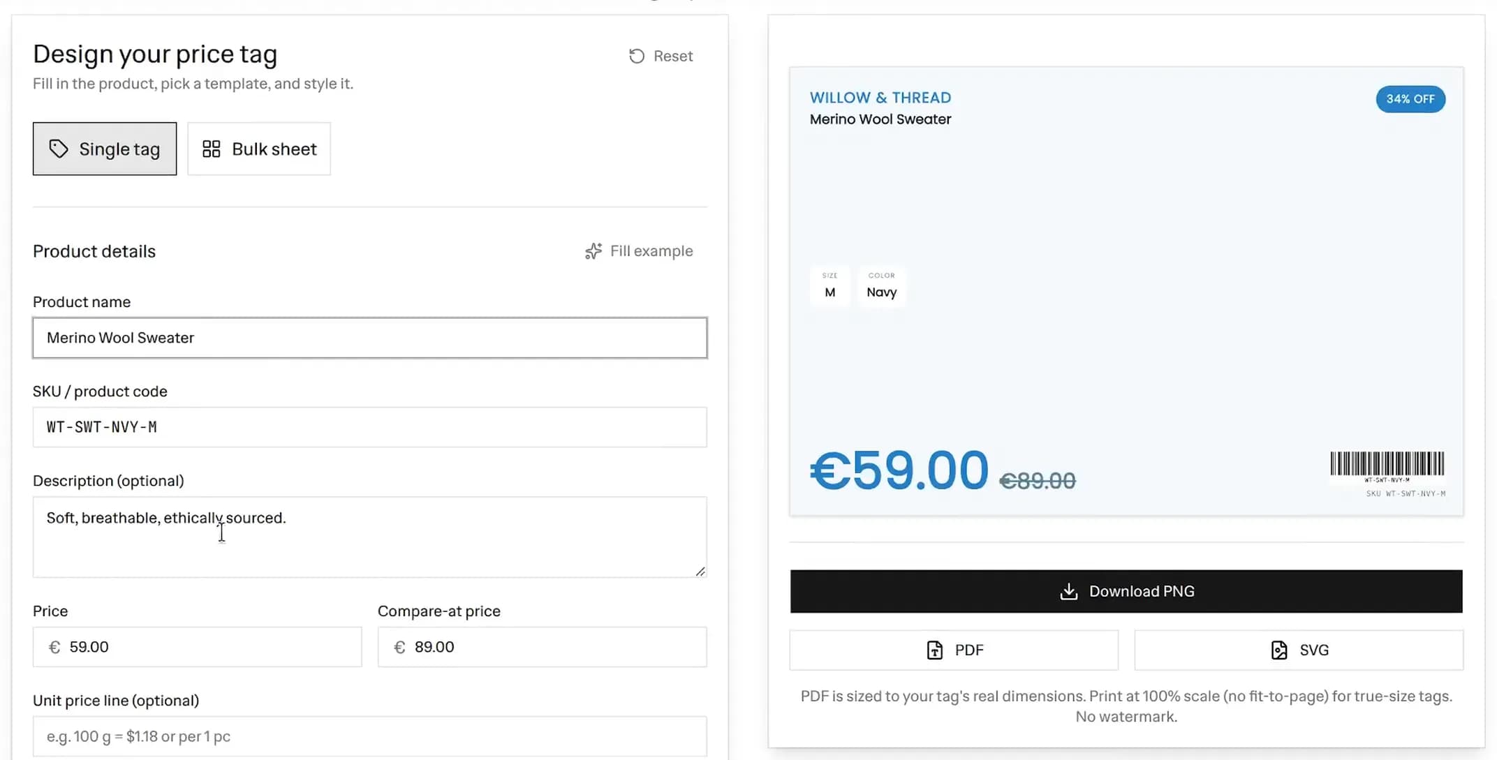 Free price tag maker editor with a Merino Wool Sweater price tag preview showing the product name, SKU, a sale price of €59.00 down from €89.00 at 34% off, a barcode, and PNG, PDF, and SVG download buttons