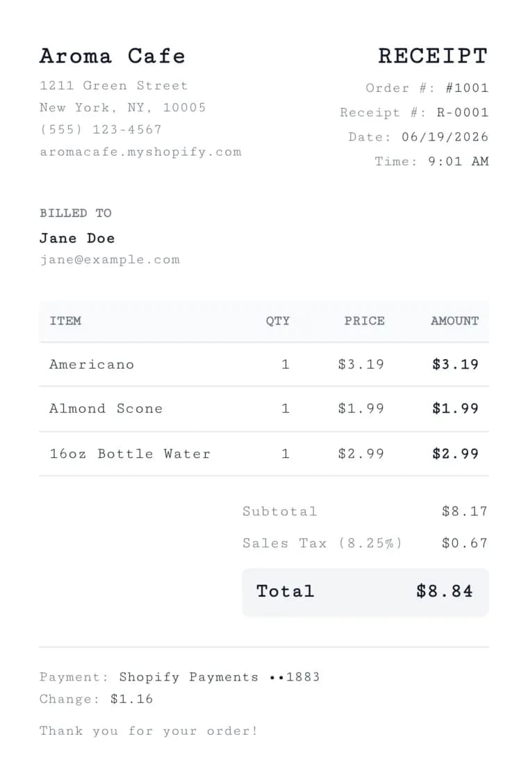 Sample sales receipt made with the free receipt maker, shown in the clean A4 order style