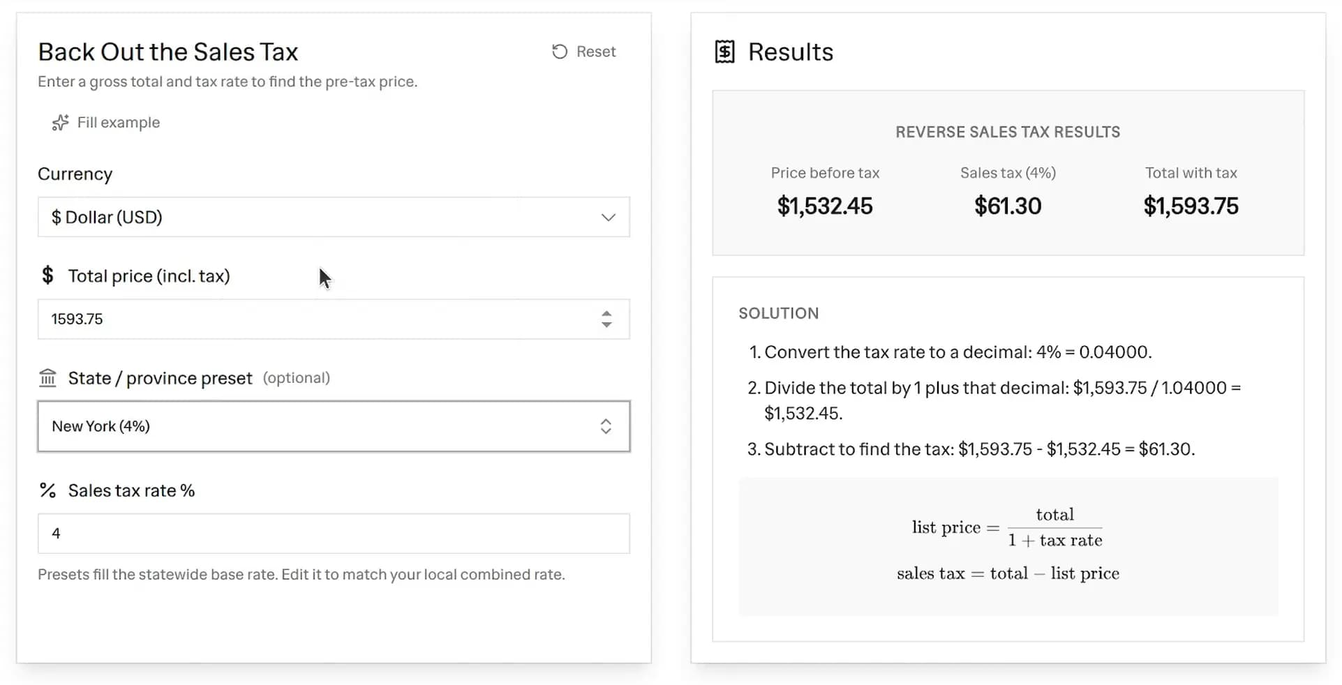 Free reverse sales tax calculator backing a 4% New York tax out of a 1,593.75 total to show 1,532.45 before tax and $61.30 sales tax, with a step-by-step solution