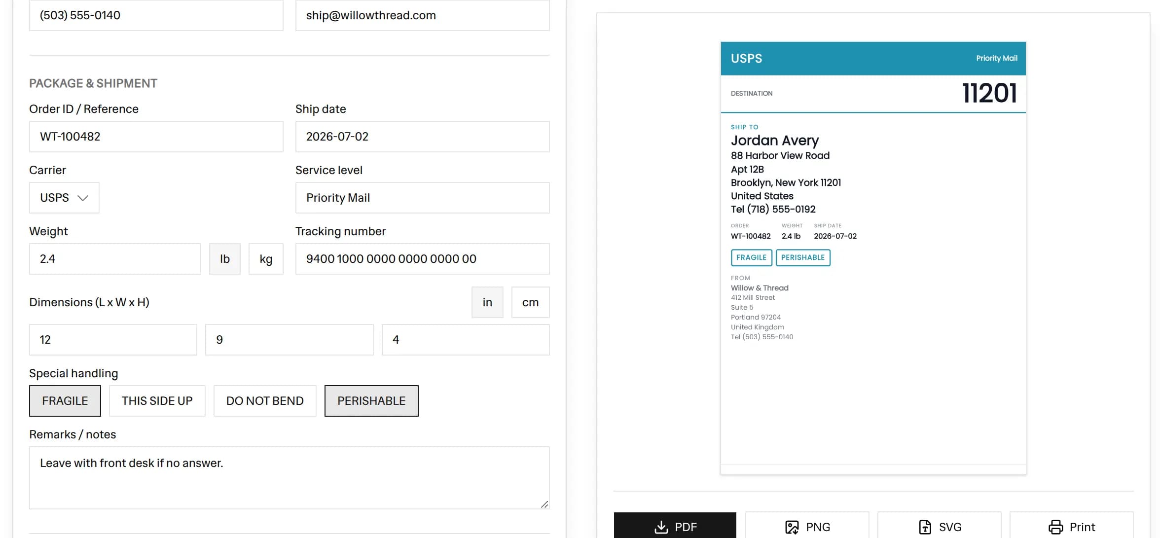 Free shipping label generator preview showing a USPS Priority Mail label with the ship-to address printed largest, order ID, weight, ship date, FRAGILE and PERISHABLE handling badges, and a return address, next to the editor form with PDF, PNG, and SVG download buttons