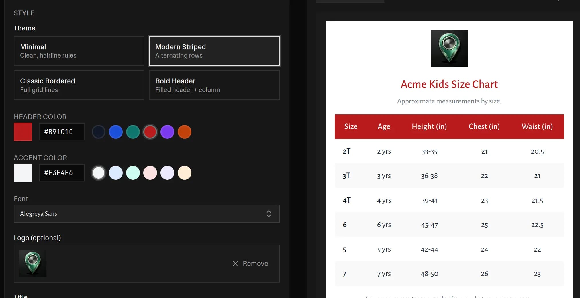 Free size chart maker with the style controls on the left and a live preview of a red Modern Striped Acme Kids size chart on the right, showing Size, Age, Height, Chest, and Waist columns for toddler and youth sizes, plus theme, header color, accent color, font, and logo options