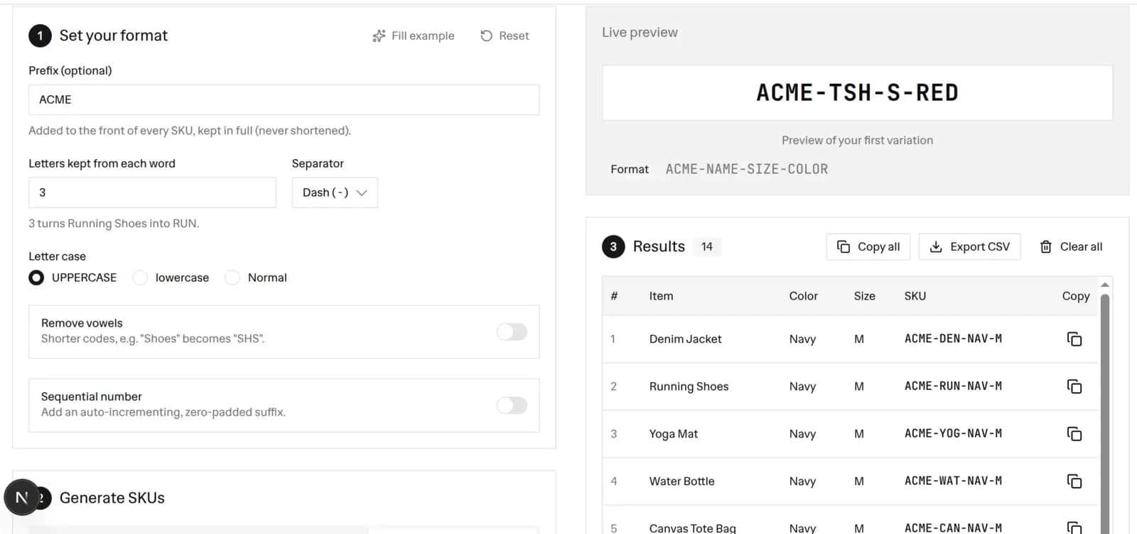 Free SKU generator with a format panel showing an ACME prefix, 3 letters kept per word, and a dash separator, a live preview of the SKU ACME-TSH-S-RED, and a results table of generated SKU codes such as ACME-DEN-NAV-M for a Denim Jacket, ready to copy or export as CSV