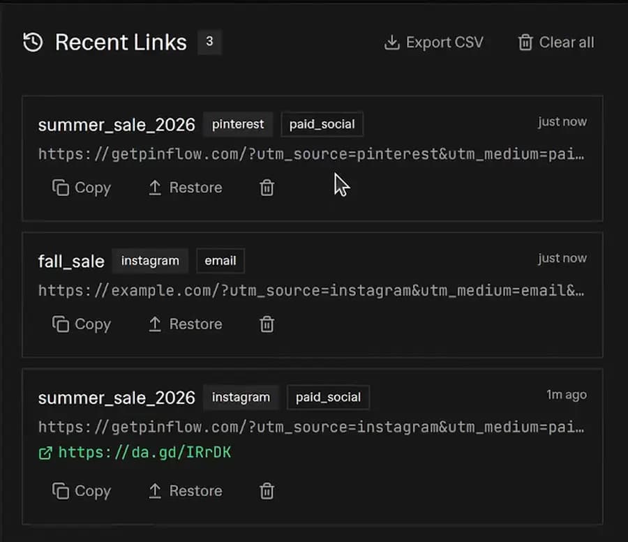 Recent Links panel showing three saved UTM campaigns with copy, restore, and delete actions, plus an Export CSV button