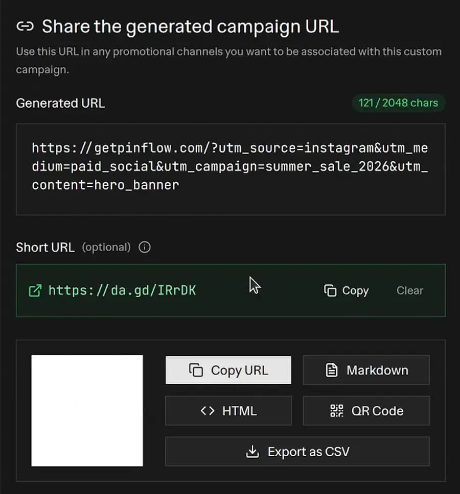 UTM Link Builder output panel showing a generated campaign URL, short URL, and QR code with copy, HTML, Markdown, and CSV export buttons