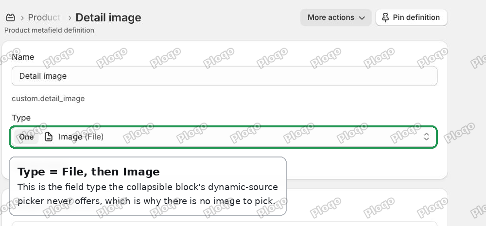 The Detail image product metafield in Shopify, set to type File then Image