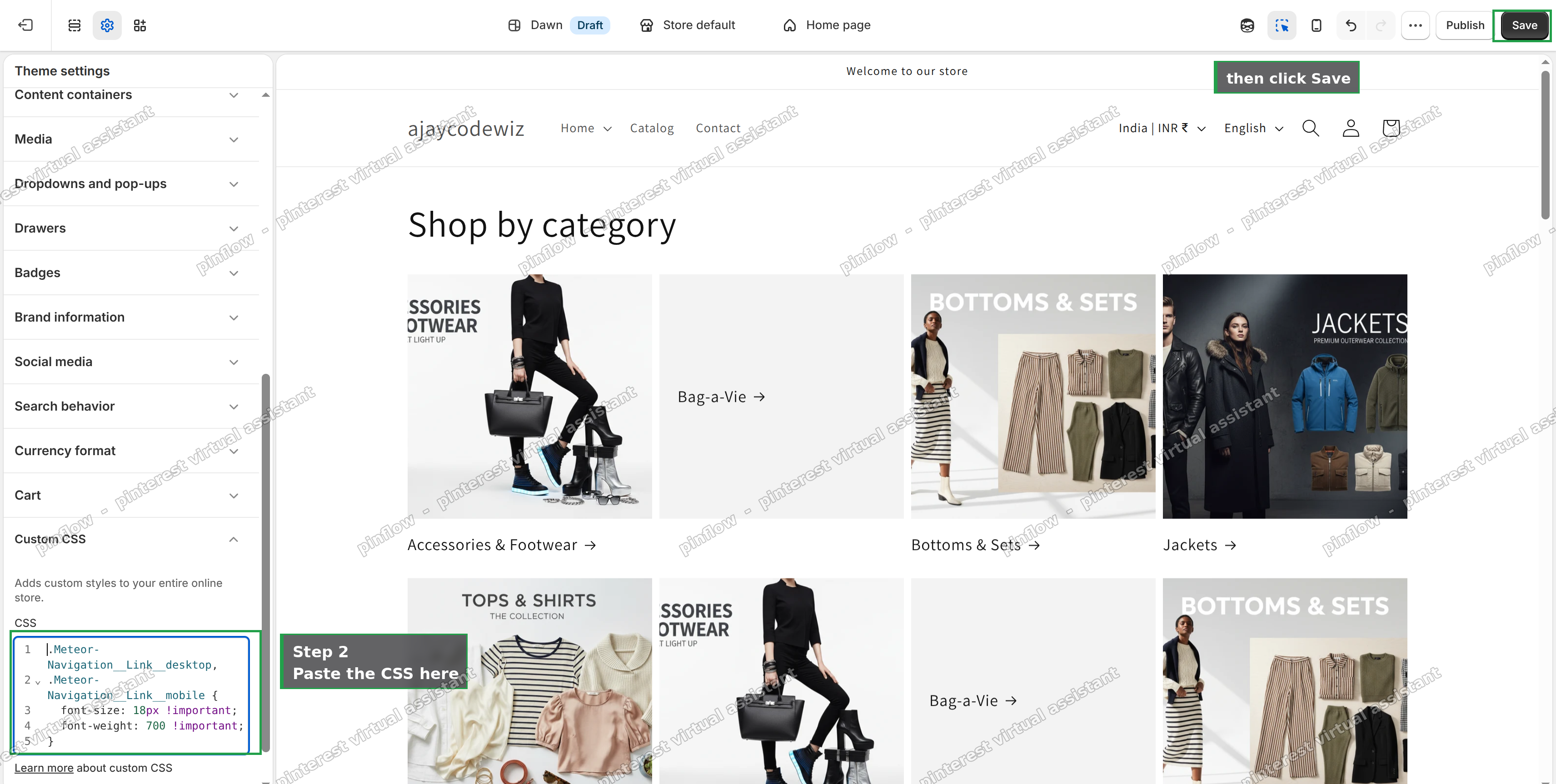Theme settings panel open on Custom CSS, with code pasted and the Save button