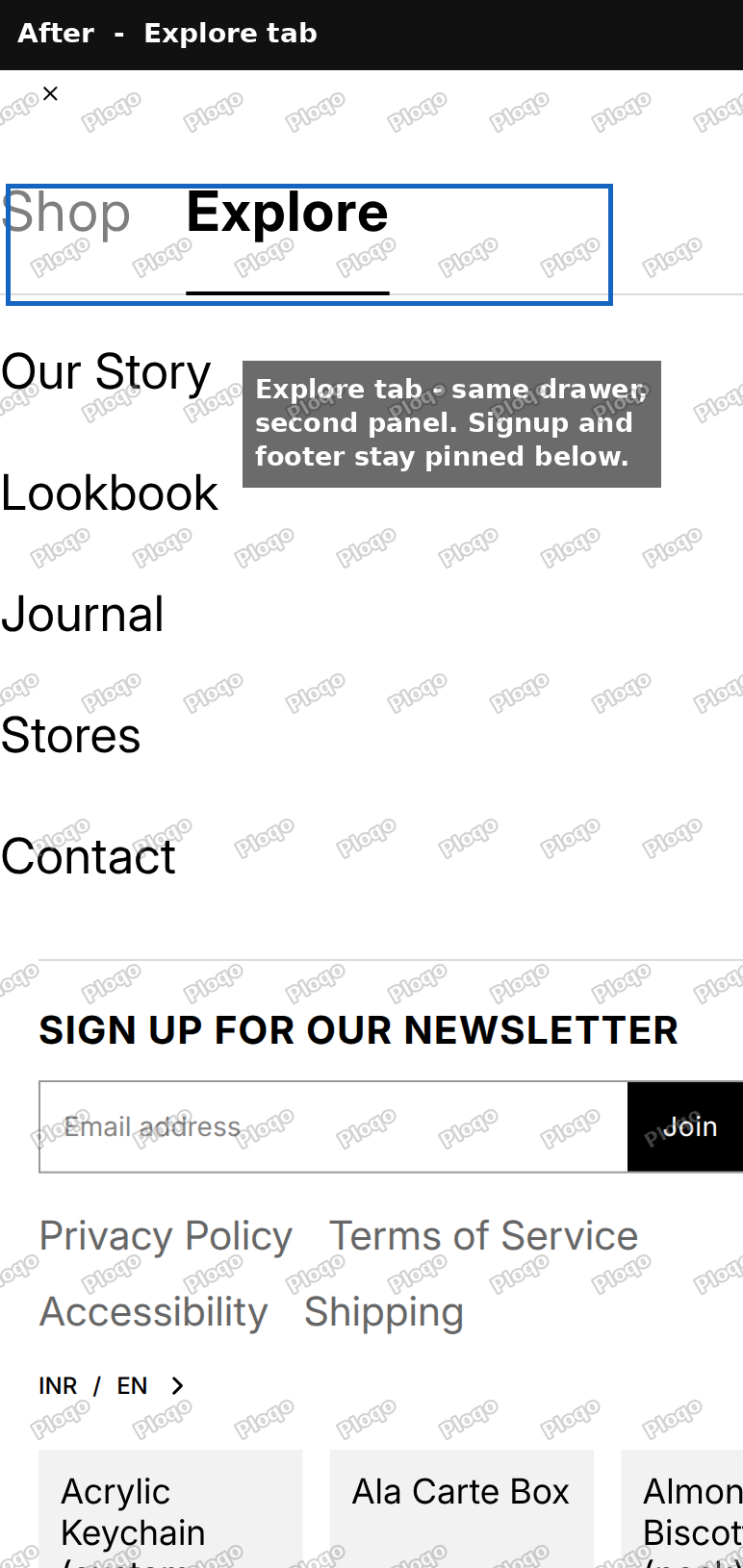 The same Horizon drawer with the Explore tab active, showing the second set of links while the signup and footer stay in place